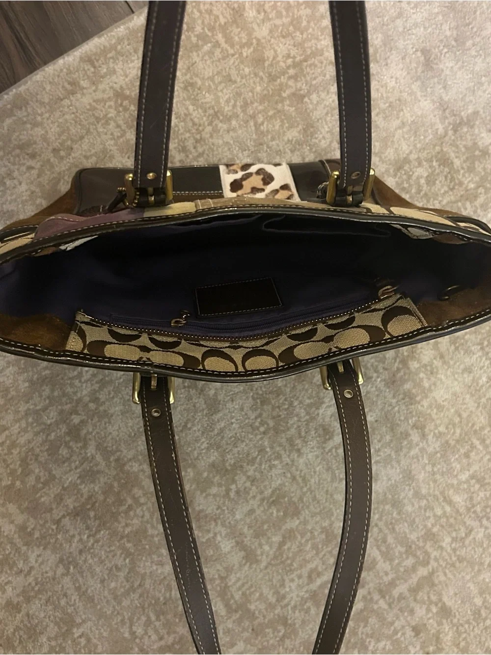 Vintage Coach Y2K Holiday Patchwork Gallery Tote Brown Purple Gold Leopard